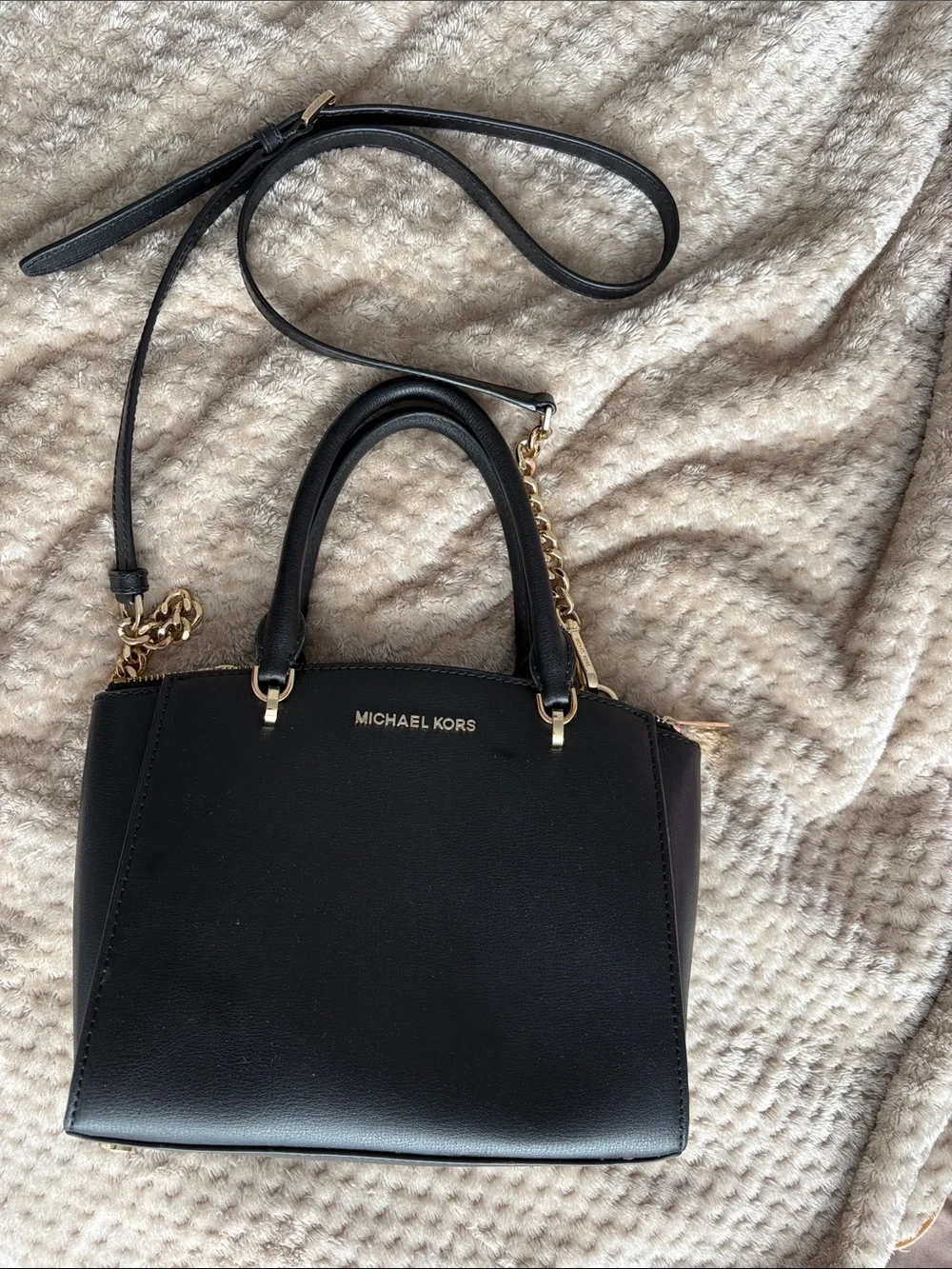 Michael Kors Black Leather Satchel with Gold Accents